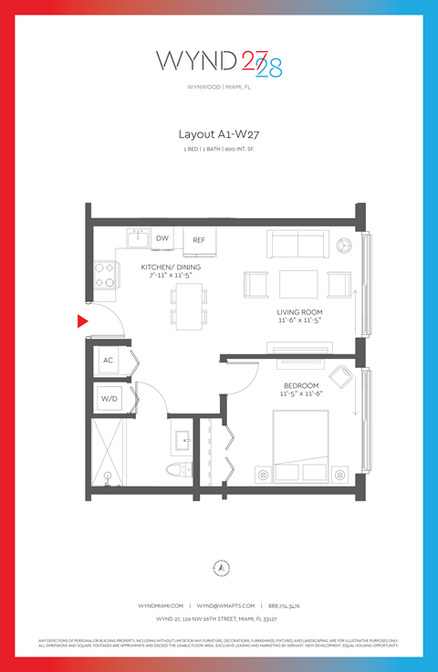 Floor plan for 1 bed, 1 bath, 600 sqft